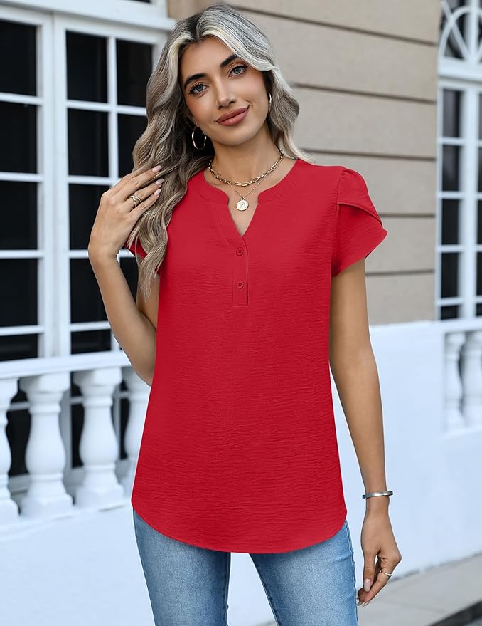 Zeagoo Womens Tops Dressy Casual Textured Blouses Cap Short Sleeve Shirts V Neck Button Up Summer Spring Work Tshirt Clothes