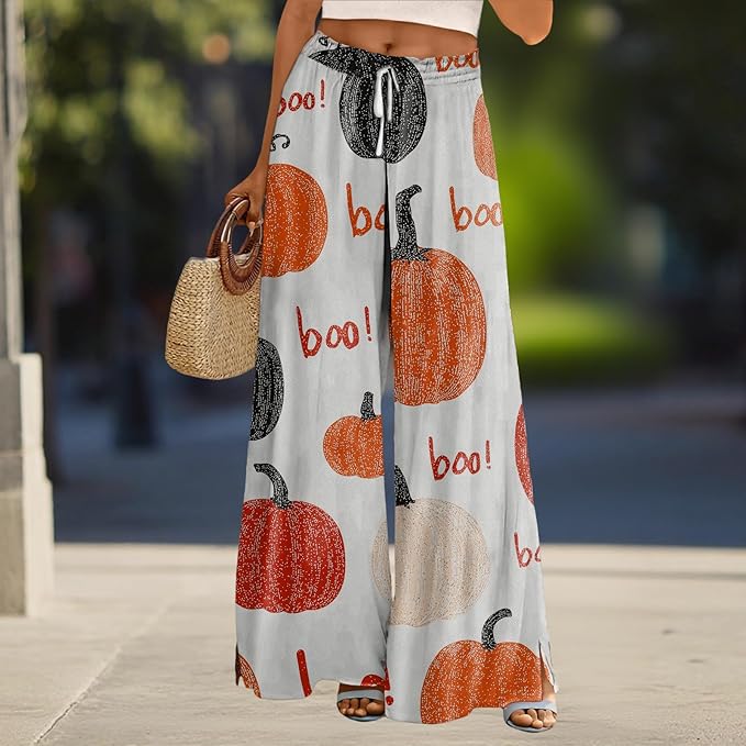 domirica Halloween Pants Women Drawstring Elastic Waist Wide Leg Pants Ladies Pumpkin Ghost Pajama Vintage Street Wear