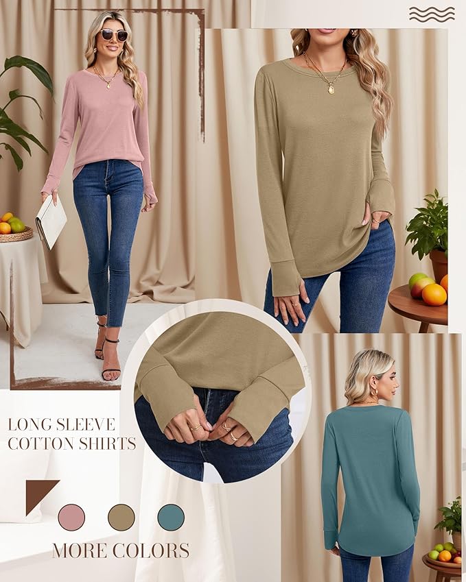 Huukeay 3 Pack Women's Long Sleeve Shirts with Thumb Holes, Cotton Casual Crew Neck Tunic Tops Fall Loose Y2k Trendy Outfits