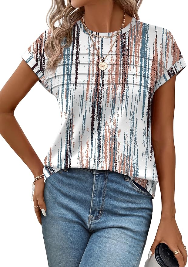 WEESO Womens Summer Tops Trendy 2026 Cap Sleeve T Shirts Crew Neck Pleated Front Beach Vacation Clothes Fashion