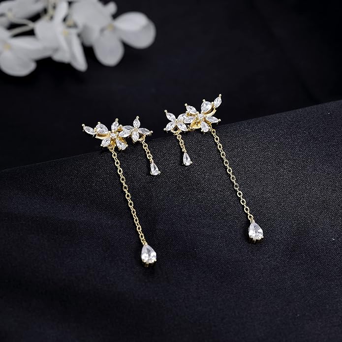 SLUYNZ 925 Sterling Silver CZ Flowers Wrap Dangle Chain Earrings - Elegant Bridal Wedding Engagement Drop Earrings