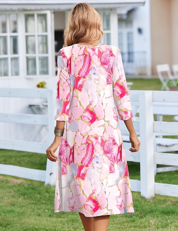 ZEAGOO 3/4 Sleeve Women's Dress Casual Flowy A-Line Midi Tshirt Dresses with Pocket Empire Waist Summer Boho Beach Sundress