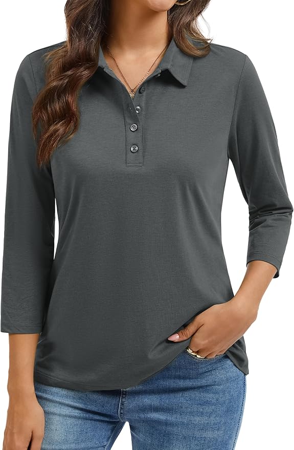 YUCOLEN Polo Shirts for Women 3/4 Sleeve Tops Golf Tees 5-Button Collared Cotton Shirt Business Casual