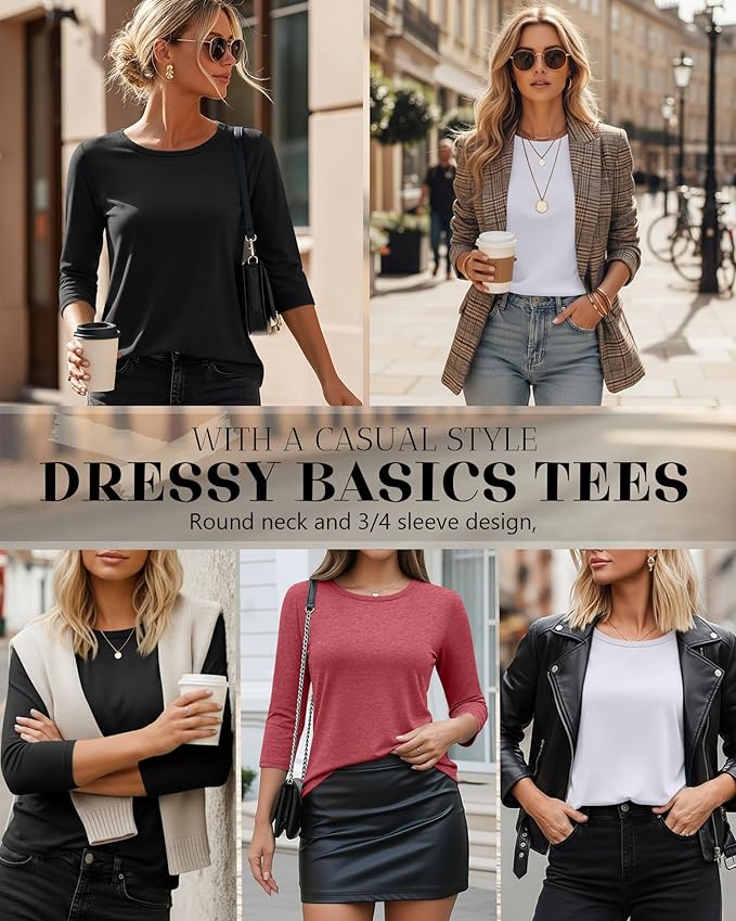 Ficerd 3 Pack 3/4 Sleeve Tops for Women Round Neck Dressy Basics Tees Casual Trendy Loose Fit T Shirts