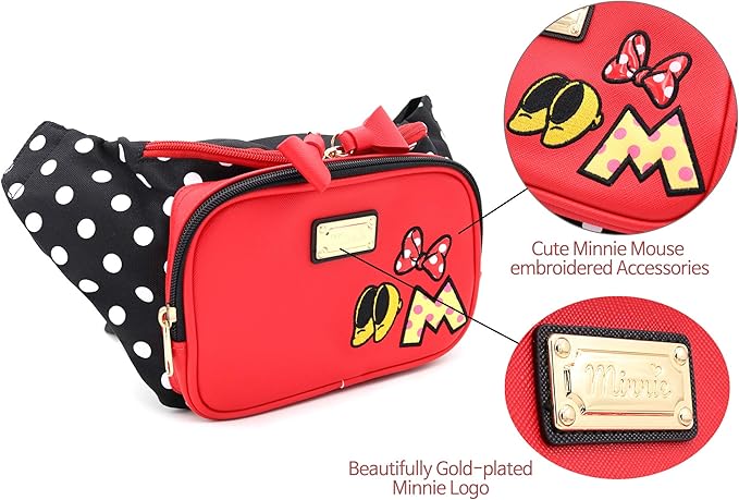 Minnie Ribbon Travel Bow Fanny Pack Crossbody Chest Waist Bum Sling Hip Belt Weekender Bag Cute Mouse Ear Faux Leather Purse Accessories Gift for Women Adult, Officially Licensed (Large)