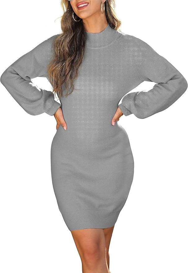 GRECERELLE 2026 Women's Mock Neck Ribbed Long Sleeve Bodycon Pullover Cute Mini Sweater Dress (XS-2XL)