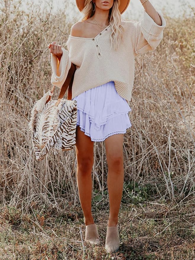 Aoudery Flowy Shorts for Women Casual Boho Ruffle Tiered Skorts High Waist Mini Skirts Golf Tennis Crochet Shorts