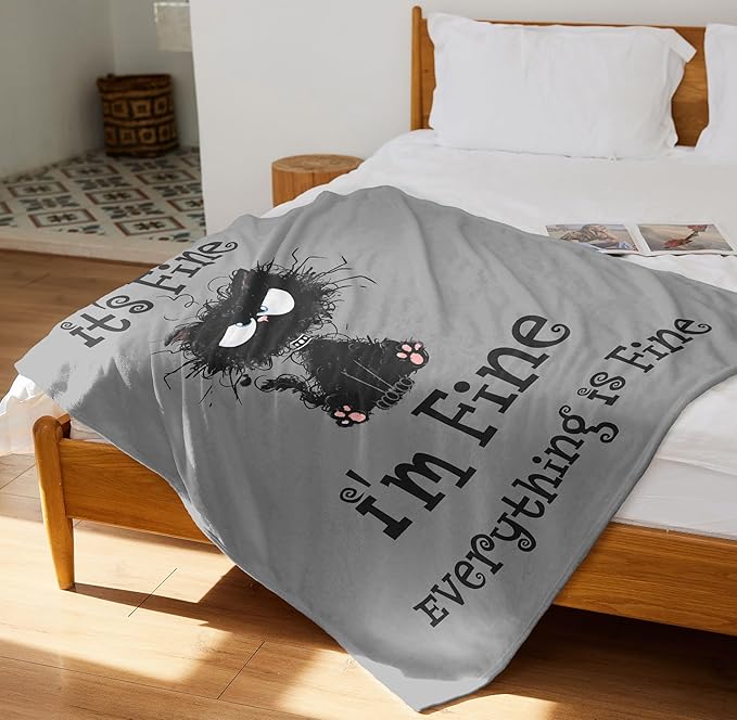 It’s Fine I’m Fine Everything is Fine, Funny Blanket Gifts for Women/Men, Cute Black Cat Themed Stuff, Soft Warm Blankets for Home/Office, Coworker Favors Throw 50" x 60"
