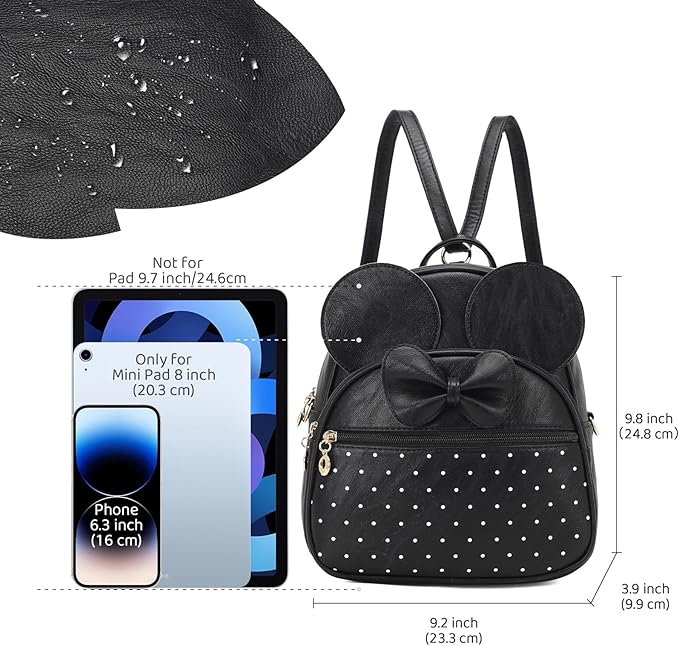 KL928 Girls Mini Backpack Bowknot Polka Dot Cute Daypacks Convertible Shoulder Bag Purse for Women (Black)