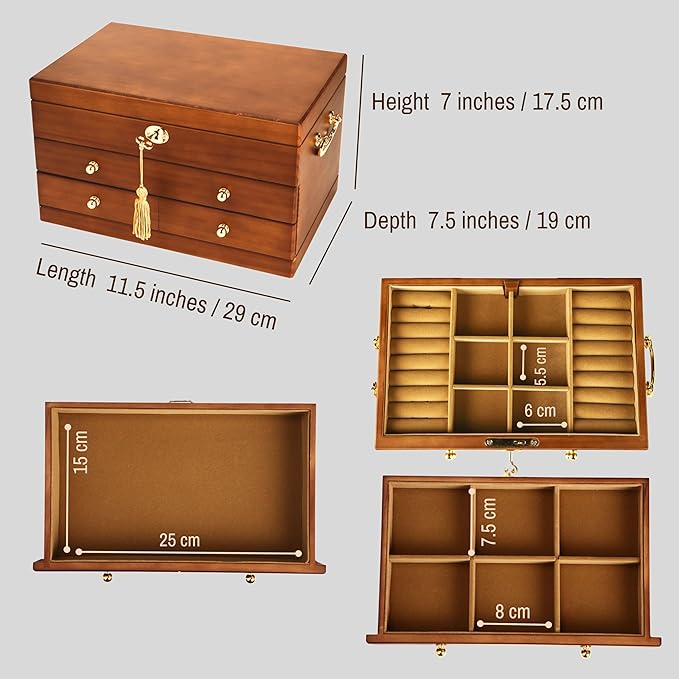 EURIELK Wooden Jewelry Box with Lock and Key for Women, 2 Drawers Medium Size Real Natural Wood Lockable Antique Organizer with Large Storage, Ring Compartments, Built in Necklace Hooks