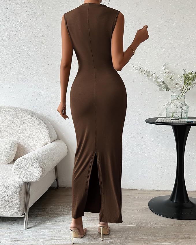 BTFBM Women's Ruched Bodycon Dress Summer Casual Sleeveless Lightweight Back Slit Elegant Club Party Cocktail Maxi Dresses