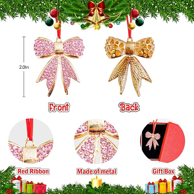 Ushinemi Bow Ornaments for Christmas Tree Hanging Ornament Xmas Tree Decor, Sparkles Pink Bow Keepsake Gifts for Mom Grandma Women Girls Sisters
