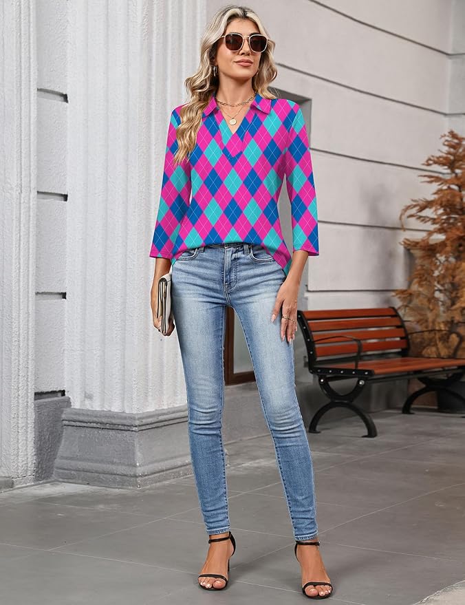 LOMON 3/4 Length Sleeve Womens Tops 2026 Spring Summer Collared Polo Shirts V Neck Casual Basic Polos Tees Shirt