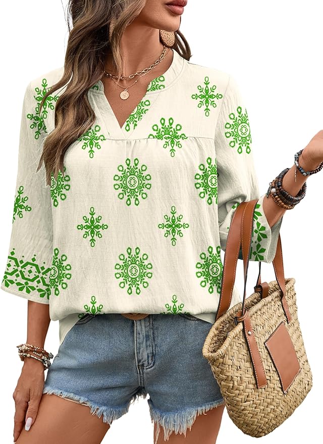 Rapbin Womens 3/4 Sleeve V Neck Floral Print Pleated Blouses for Women Dressy Casual Loose Fit Tops