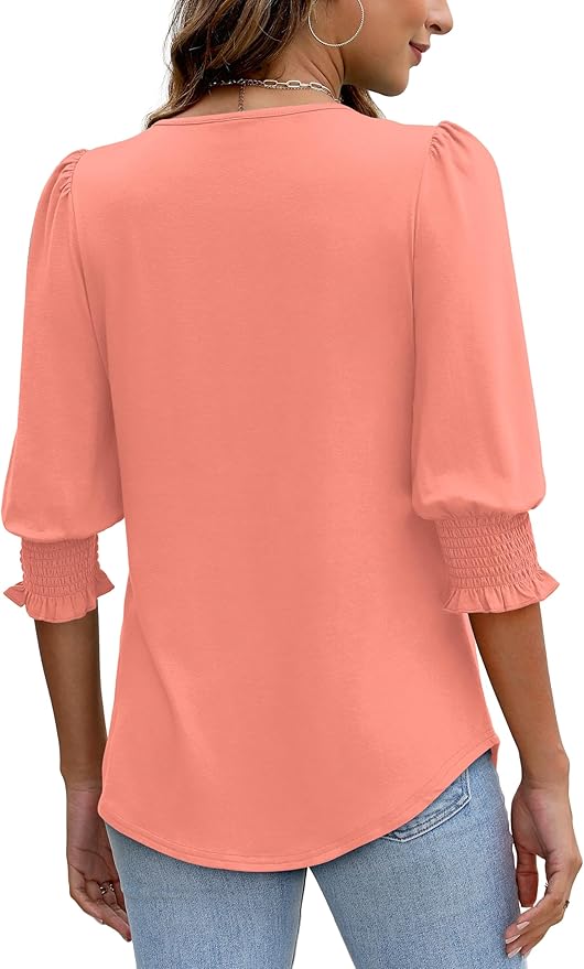 XIEERDUO Blouses for Women Dressy Casual 3/4 Length Sleeve Womens Tops with Smocked Cuffs