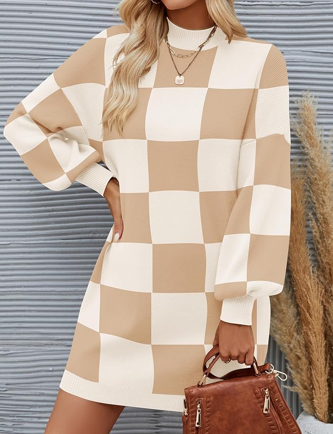 ZESICA Women's 2026 Fall Turtleneck Sweater Dress Oversized Long Lantern Sleeve Casual Knit Pullover Mini Dresses