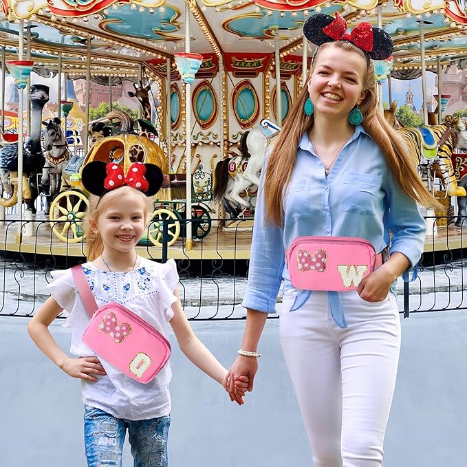 Chenille Initial Letter Bow Mouse Fanny Pack, Waterproof Park Crossbody Bag Christmas Birthday Gifts for Teen Girls Daughter Women Kids Adults, Cute Belt Bag Must Haves for Park Travel (W, Pink)