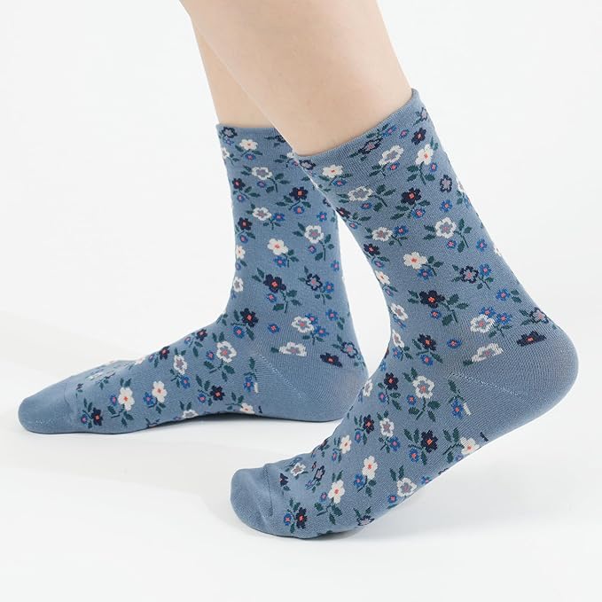 Kikiya Women's Cotton Crew Socks - Cute Flower Graphic Polka Dot Striped Heart Patterned - Ladies Girls Casual Socks Size 6-8