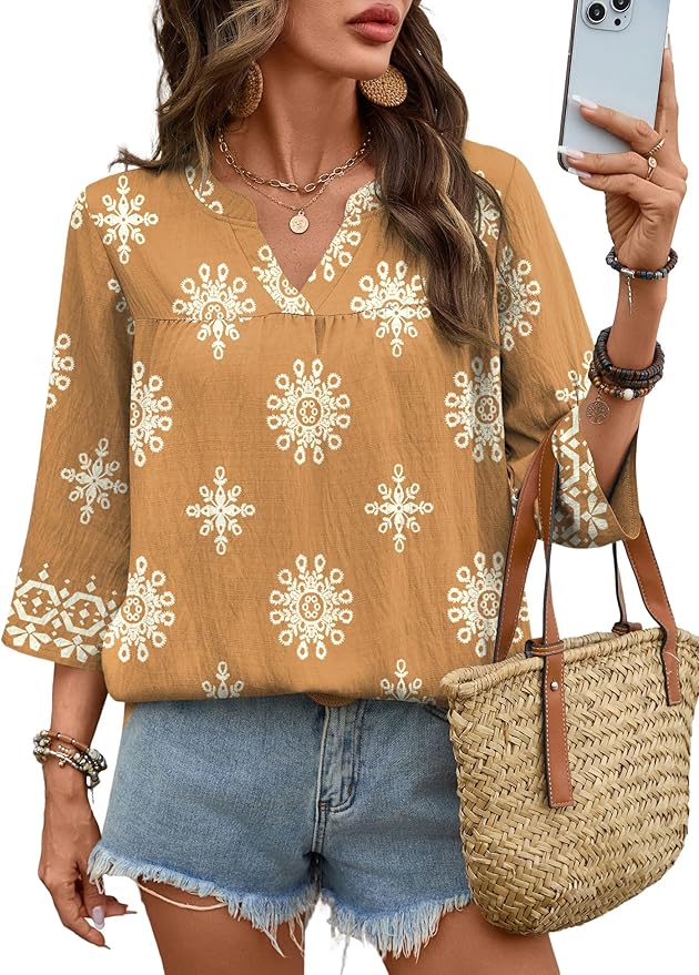 Rapbin Womens 3/4 Sleeve V Neck Floral Print Pleated Blouses for Women Dressy Casual Loose Fit Tops