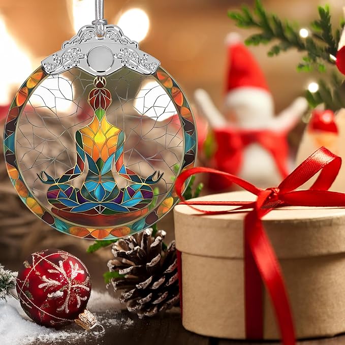 Yoga Symbol Christmas Ornaments, 3" Stained Glass Christmas Decor, Christmas Tree Ornaments, Gifts for Friends, Unique Gift Idea, Perfect for Holiday Party, Tree, Window, Home Decor