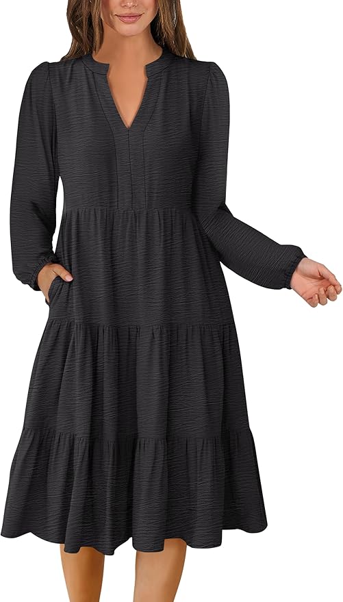 ANRABESS Womens Fall Midi Dresses Long Sleeve V Neck Swing Tiered Work Business Casual 2026 Flowy Beach Vacation Dress