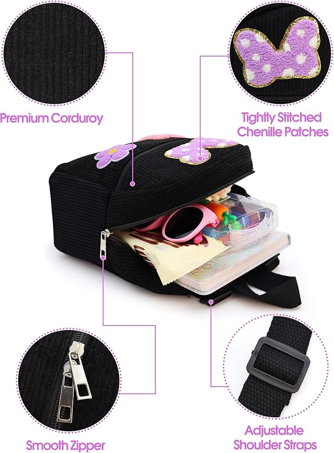 2 3 4 5 6 Year Old Girl Gifts Chenille Initial Mouse Bow Mini Backpack, Corduroy Toddler Backpacks Christmas Birthday Gifts for Girls 2-4 5-6, Black Mini Diaper Bag Must Haves for Park Travel Letter A