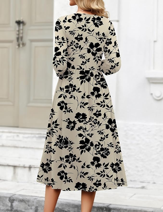 Zeagoo 3/4 Sleeve Women's Dress Casual Flowy A-Line Midi Tshirt Dresses with Pockets Crewneck Vocation Boho Beach Sundress