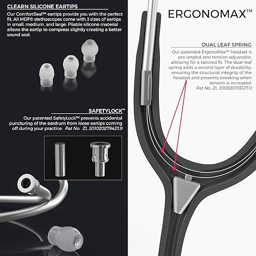 MDF Instruments, ProCardial Cardiology Stethoscope, Stainless Steel, Adult, Dual Head, Black Tube, Black Chestpiece-Headset, MDF797BO