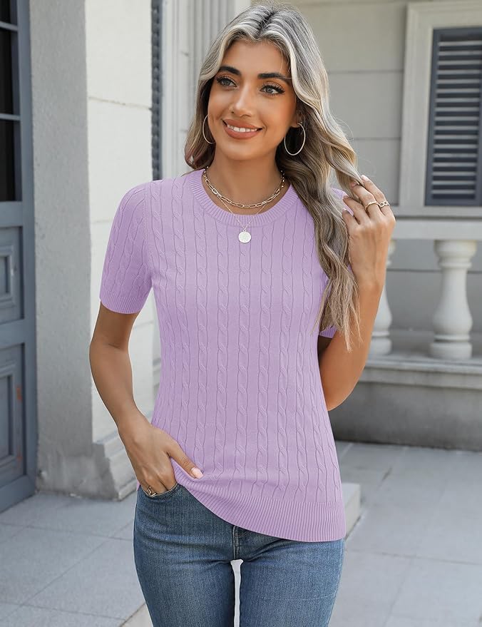 Micoson Womens Short Sleeve Cable Knit Sweater Tops Crewneck Lightweight Spring Summer Shirts Business Dressy Casual Outfits