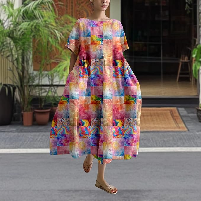 MARSVOVO Patchwork Flowy Dresses for Women Plus Size Loose Casual Tunic Dress Elegant Crewneck Maxi Dresses with Pockets