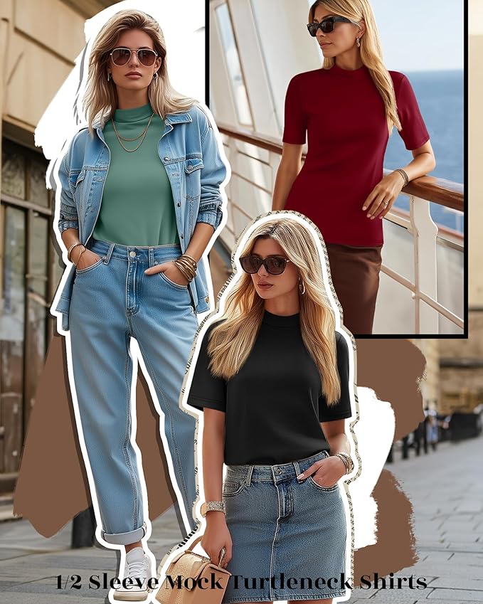 Ficerd 3 Pack Women's 1/2 Sleeve Mock Turtleneck Shirts, Elbow Length Shirt Half Sleeve Tunic Top Casual Summer Basic Tees