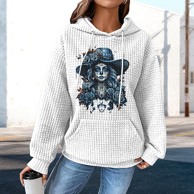 domirica Pullover Sweatshirts For Women Drawstring Long Sleeve Waffle Sweatshirt With Pocket Vintage Street Wear Qutfits