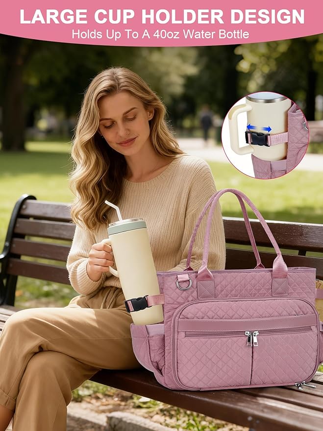 FIORETTO Teacher Tote Bag for Women with Laptop Compartment, Large Cup Holder, Zip Closure, Ideal for Work, Bible, Nurse