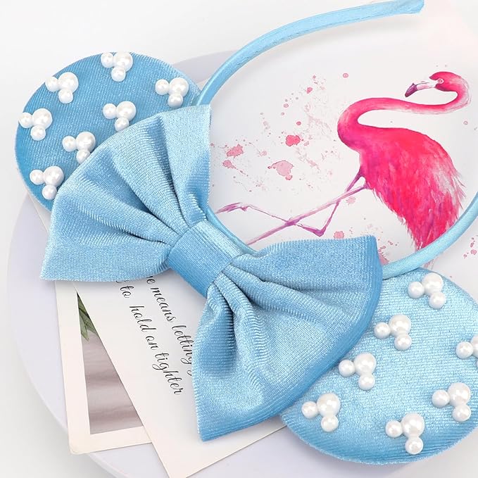 DRESHOW Mouse Ears Headbands for Women Pearl Hairbands Bow Head bands Velvet Head band Christmas Cosplay Costume Princess Party Decorations Halloween & Disney Trip