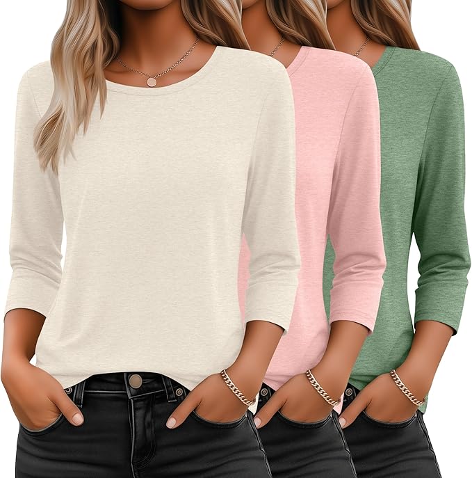 Ficerd 3 Pack 3/4 Sleeve Tops for Women Round Neck Dressy Basics Tees Casual Trendy Loose Fit T Shirts