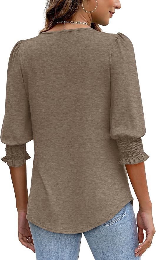 XIEERDUO Blouses for Women Dressy Casual 3/4 Length Sleeve Womens Tops with Smocked Cuffs