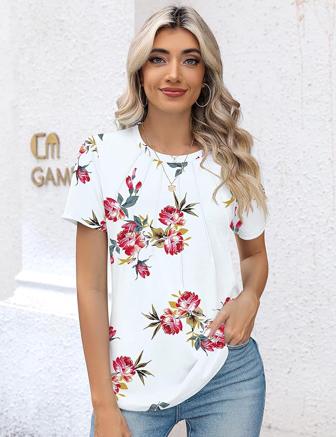 Kistore Womens Casual Crew Neck Short Sleeve Pleated Tops Blouses Fashion Clothes 2026