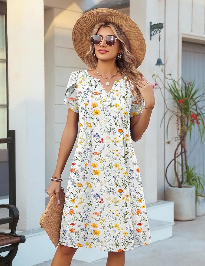 Zeagoo Women's Casual Dresses with Pockets Summer Floral V-Neck A-Line Tshirt Dress Short Sleeve Mini Dress Beach Sundress