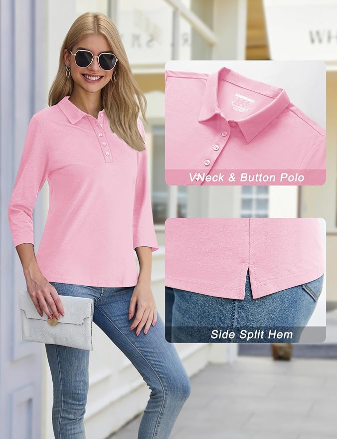 YUCOLEN Polo Shirts for Women 3/4 Sleeve Tops Golf Tees 5-Button Collared Cotton Shirt Business Casual