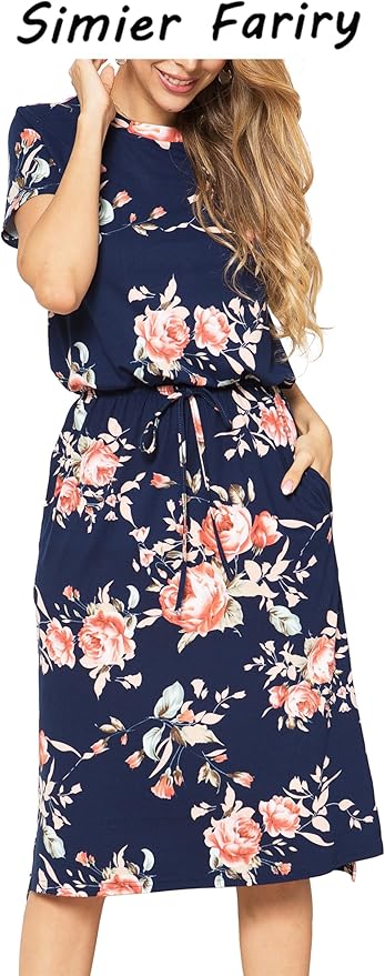 Simier Fariry Womens Spring Hide Belly Knee Length Travel Dress Pocket Summer Short Sleeve Midi Work Casual Outfits