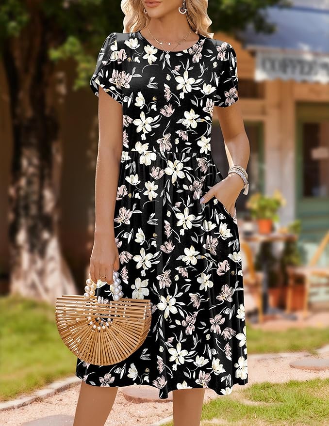 HOTOUCH Women's Summer A-Line Midi Dresses 2026 Casual Floral Short Sleeve T-Shirt Dress Flowy Beach Sundress with Pockets