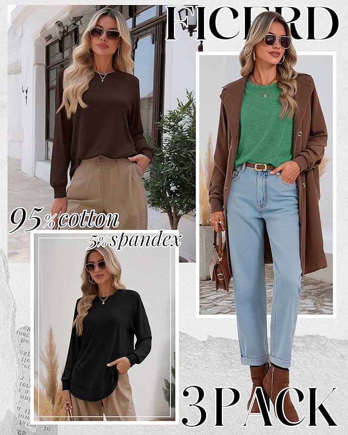 Ficerd 3 Pack Women's Long Sleeve Shirts, Cotton Crew Neck Tunic Tops Casual Loose Fit Pullover Sweatshirts Curved Hem Shirts