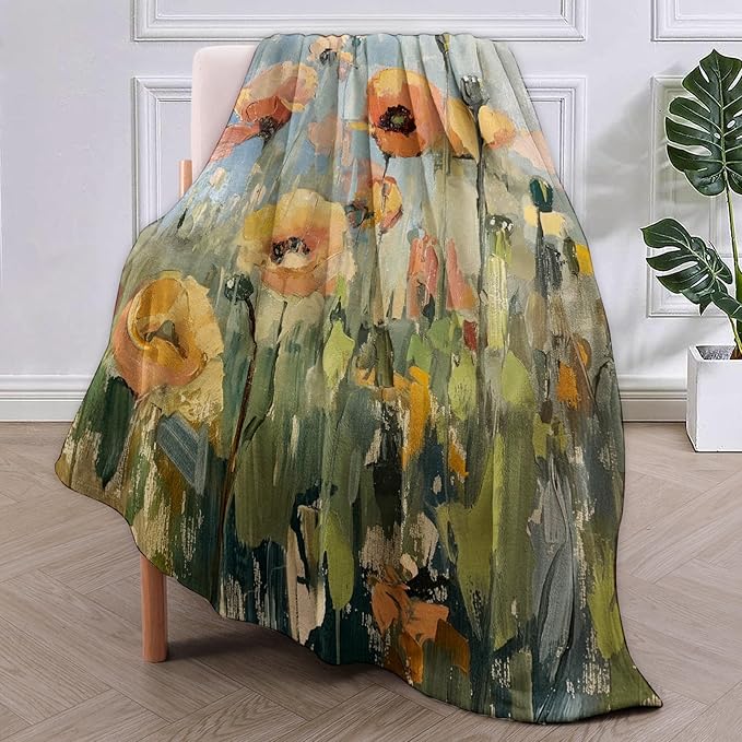 Abstract Poppy Field Painting Blanket, Vintage Floral Flannel Throw Blankets,Soft Warm Lightweight Cozy Plush Throws for Bedroom Sofa Office Home Decor Gifts for Women Girls 80"x60"