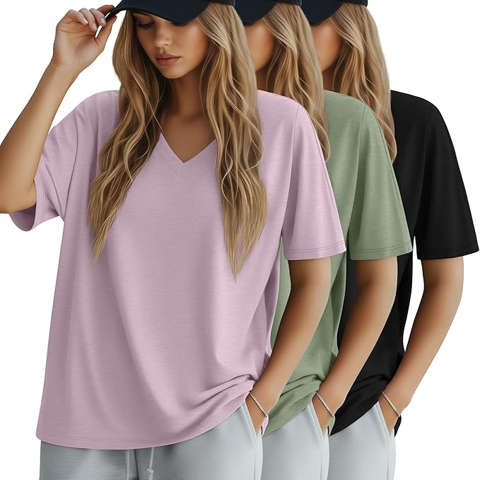Huukeay Women's Cotton Oversized T Shirts 3 Pack V Neck Loose Fit Half Sleeve Tops Baggy Casual Summer Gym Workout Tees 2026