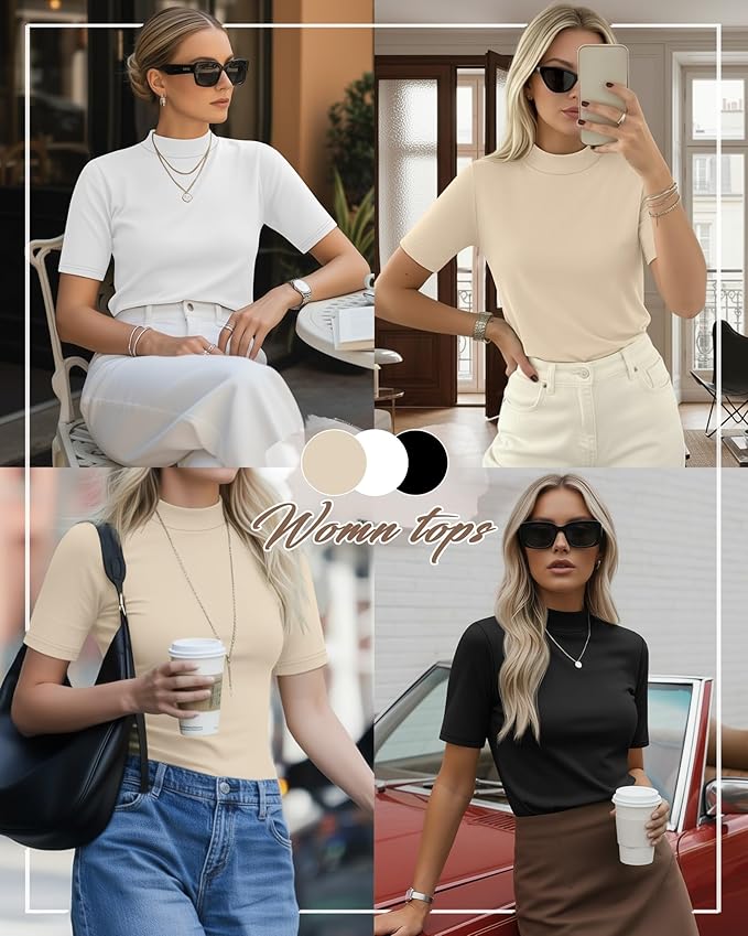 Ficerd 3 Pack Women's 1/2 Sleeve Mock Turtleneck Shirts, Elbow Length Shirt Half Sleeve Tunic Top Casual Summer Basic Tees