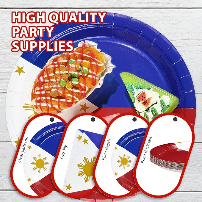 Greencian 96Pcs Philippines Flag Party Supplies Philippine National Flags Plates and Napkins Philippine Independence Day Tableware Set for National Events Patriotic Festival Decorations，Serves 24