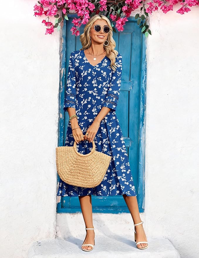 Zeagoo Women's Dresses 3/4 Sleeve Summer Casual V-Neck A Line Flowy Eyelet Midi Dress for Women Beach Vacation Sundress