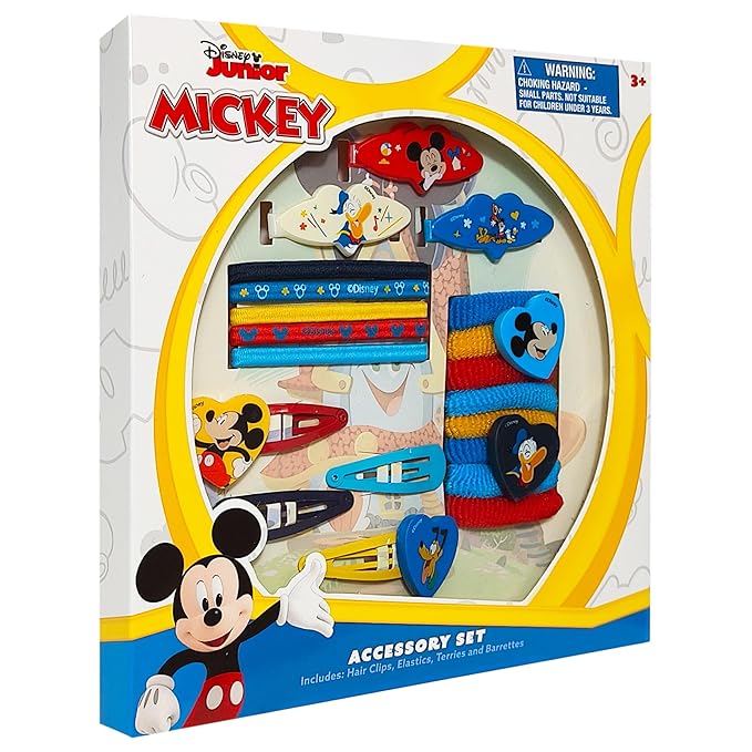 Luv Her Girls' Hair Accessories Set - 20 Pack Featuring Disney Mickey Mouse - Includes 3 Barrettes, 4 Snap Clips, 5 Elastics, 8 Terry Ponies - Everyday Wear, Special Occasions, Ages 3+