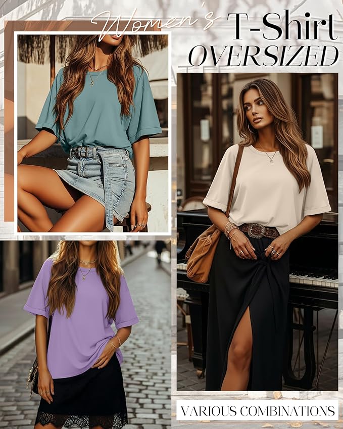 Riyiper 3 Pack Women's Oversized T-Shirt Half Sleeve Summer Tees Casual Loose Fit Crew Neck Basic Tops