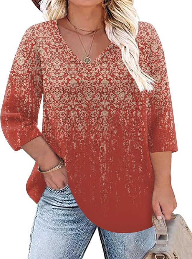 TFSDOD Womens Plus Size Tops V Neck T Shirts 3/4 Sleeve Blouse Summer Casual Tees XL-5X